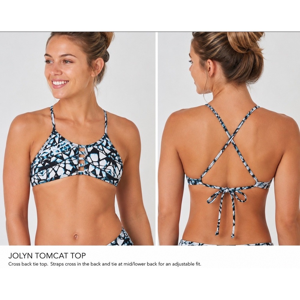 Jolyn Tomcat Bikini Top Small Blue Black Geometric Cross Back Tie Swim Top